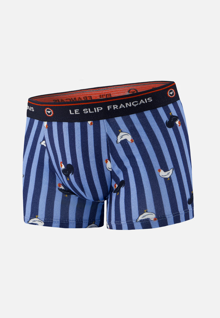 Boxer enfant à motif rayure coq bleu acier en coton - Petit Joseph Rayure Coq Bleu Acier - Le Slip Français - 1