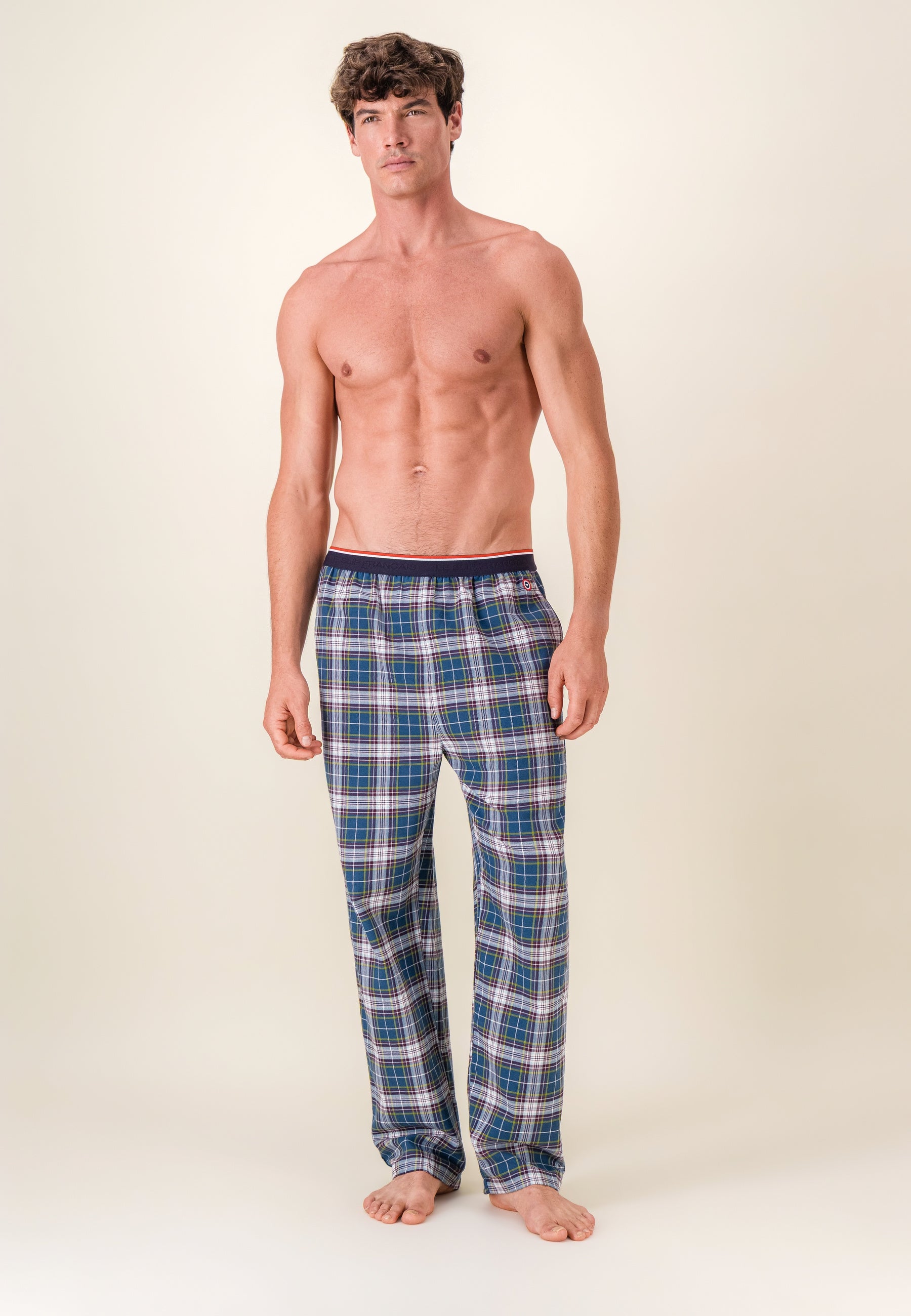 Bas de pyjama long à motif tartan bleu canard en coton - Bastien Tartan Bleu Canard - Le Slip Français -  1