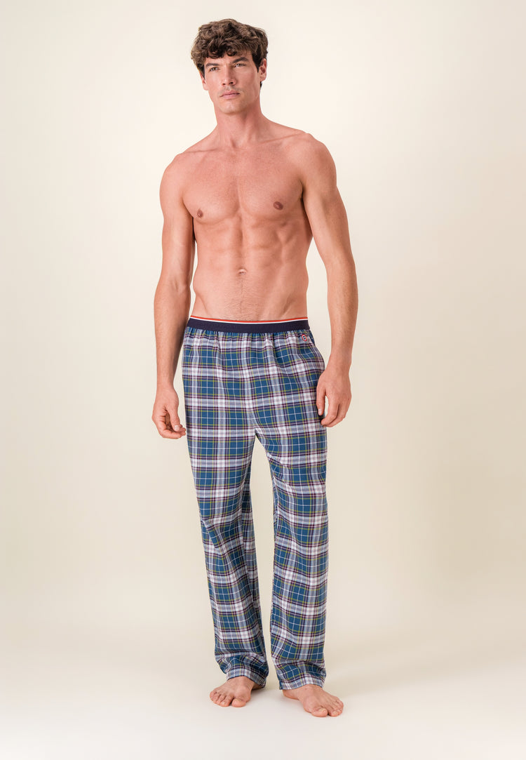 Bas de pyjama long à motif tartan bleu canard en coton - Bastien Tartan Bleu Canard - Le Slip Français - 1