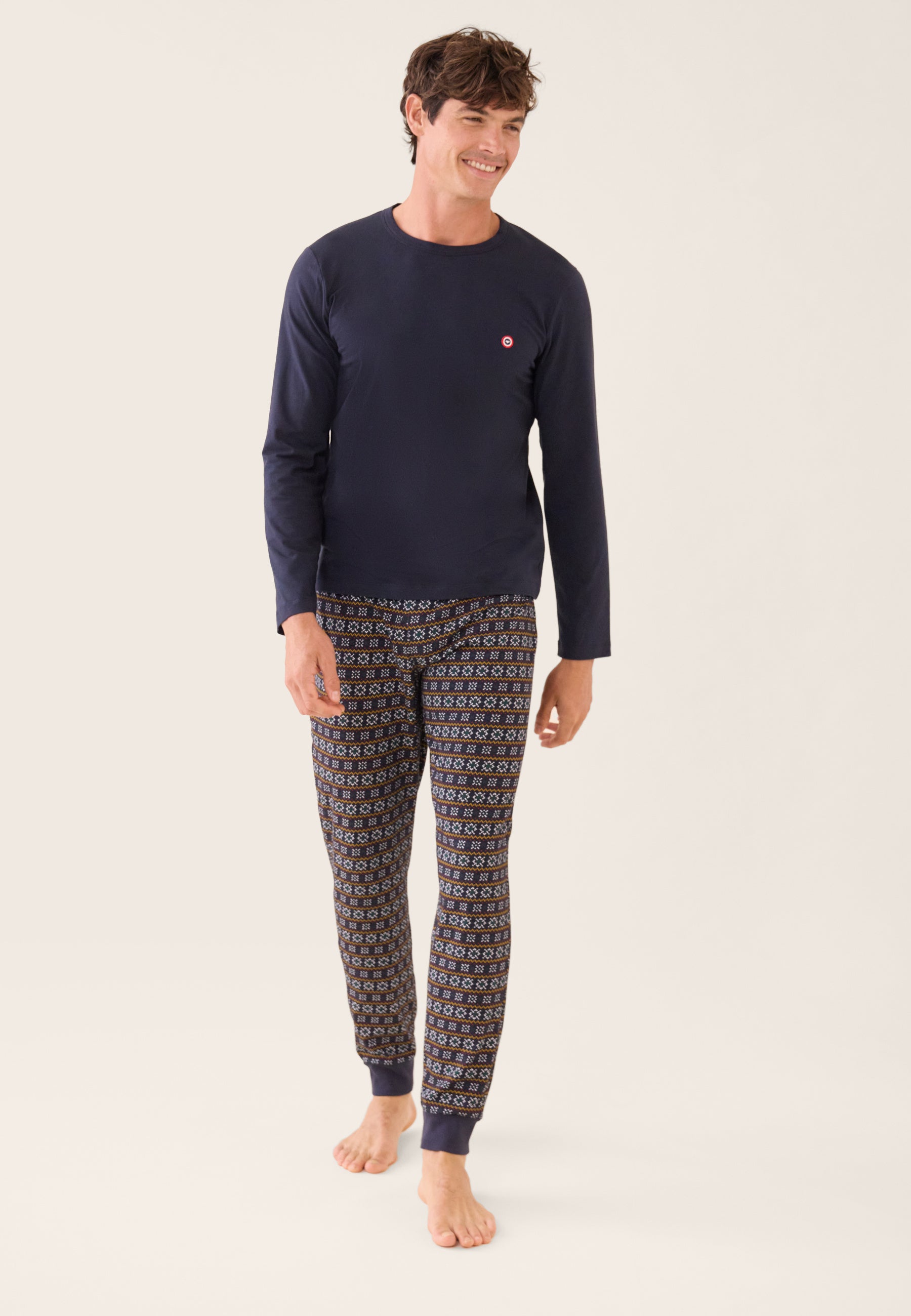 Ensemble pyjama haut bleu marine et bas fantaisie en coton - Pyjama Manuel Haut Manches Longues Uni Marine Et Bas Long Fantaisie - Le Slip Français -  1