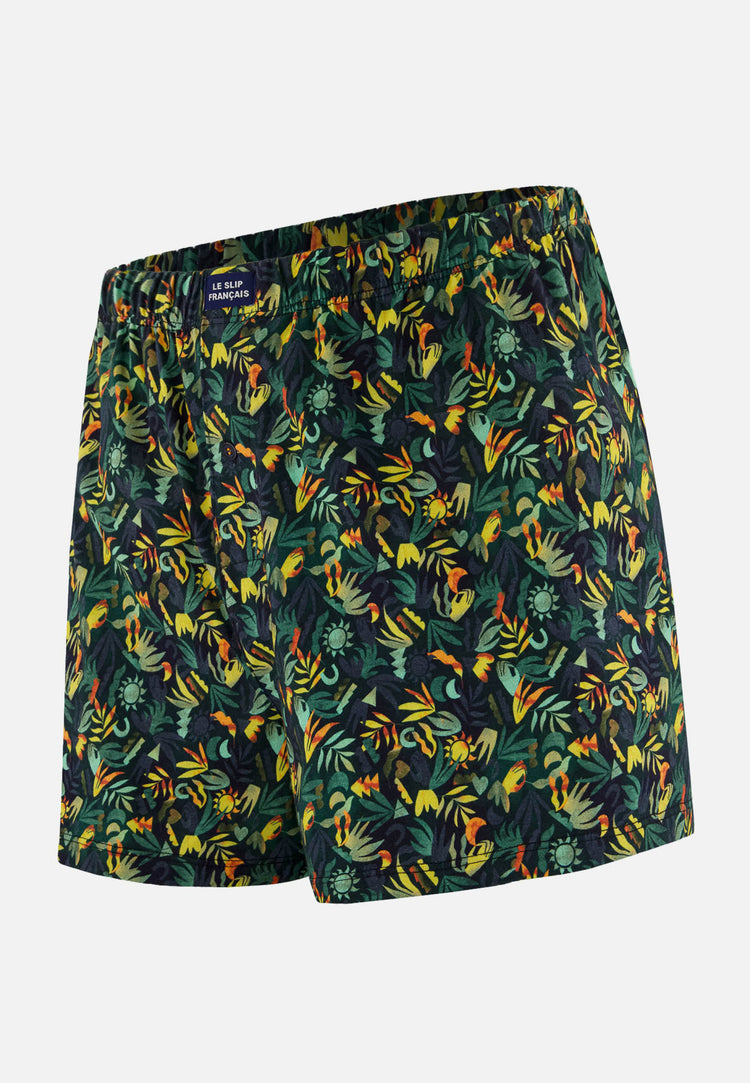 Caleçon vert à motif jungle en jersey de coton - Fredo Jungle Kaki Veronese - Le Slip Français - 1