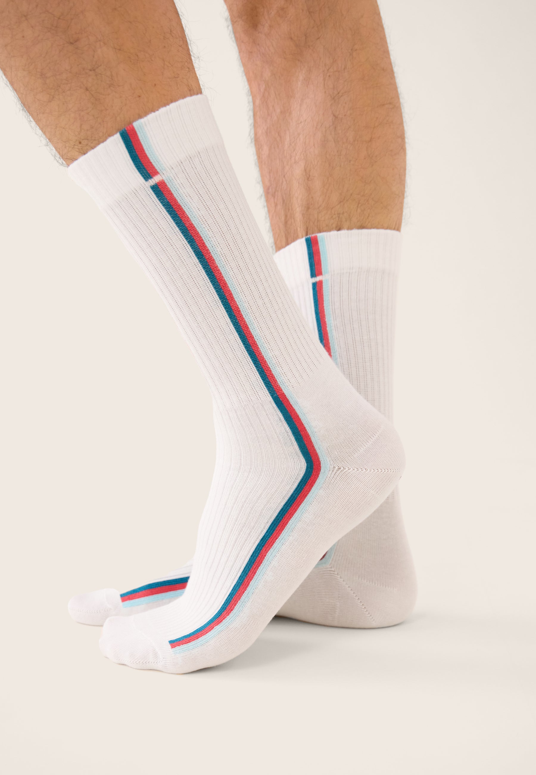 Chaussettes de sport mi-hautes rayées bleu, rose et vert - Wilfried Lignes Bleu Canard Rose Cerise Vert D'Eau - Le Slip Français -  2