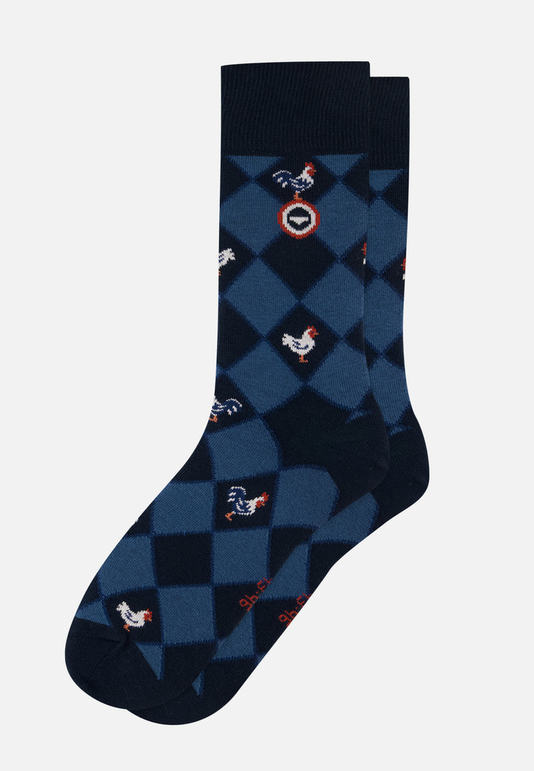 Chaussettes mi-hautes en coton - Lucas Losanges Coq Marine Acier - Le Slip Français - 1