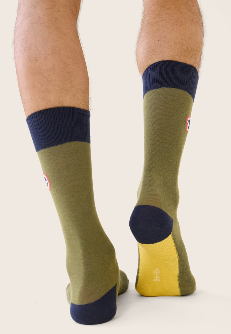 Chaussettes mi-hautes kaki fantaisie - Lucas Bloc Marine Kaki Veronese Jaune Citron - Le Slip Français - 3