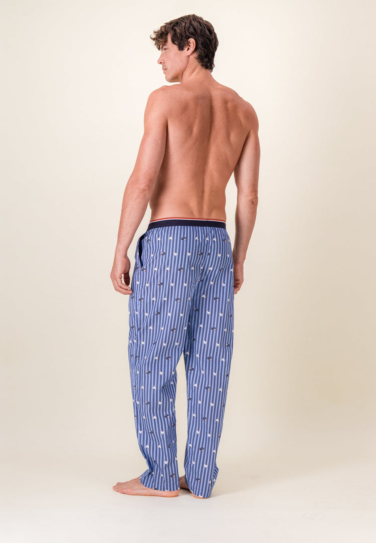 Bas de pyjama long à motif rayure coq bleu acier en coton - Bastien Rayure Coq Bleu Acier - Le Slip Français - 3