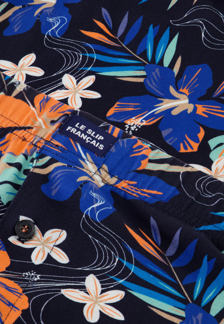 Caleçon bleu à motif florales en jersey de coton - Fredo Hawaï Bleu Nautique - Le Slip Français - 5