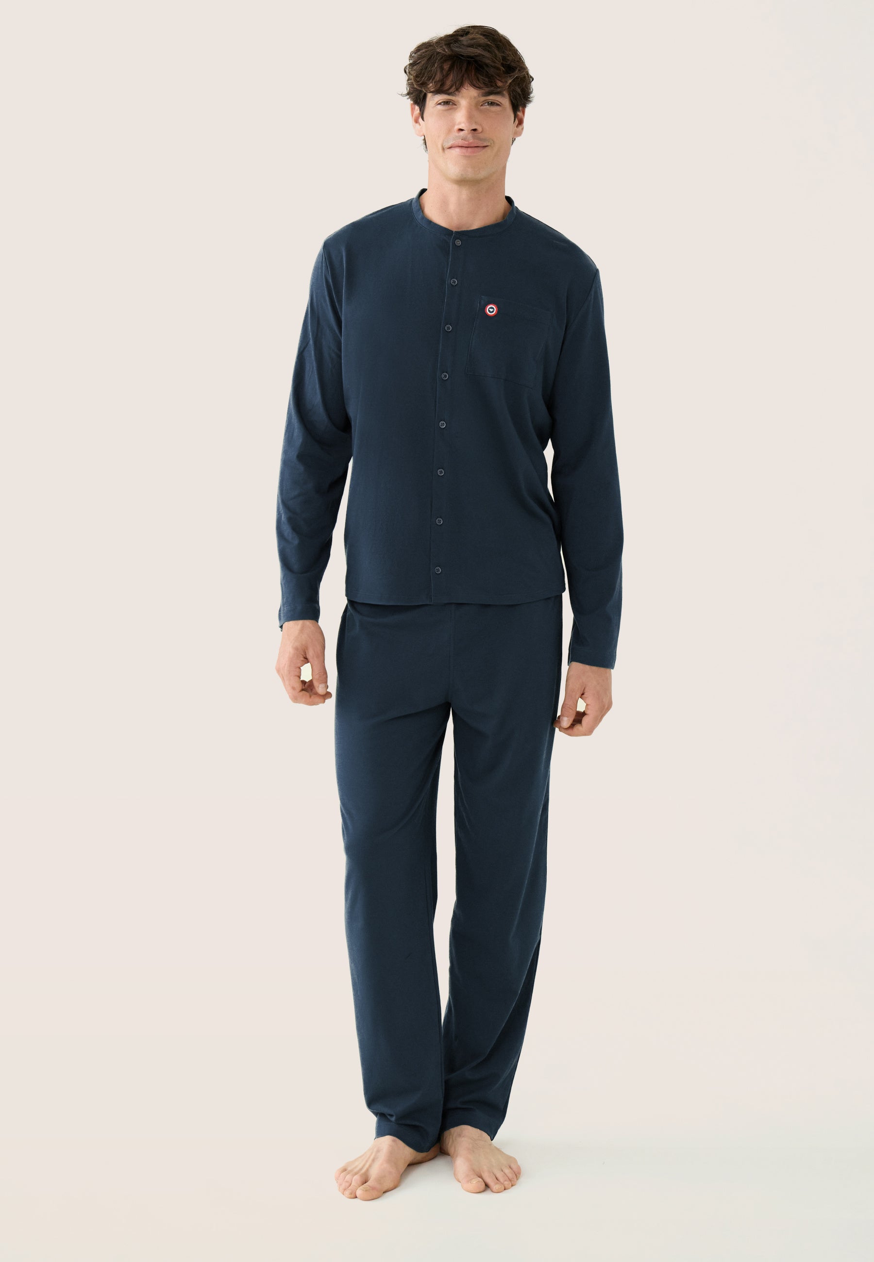 Ensemble pyjama haut et pantalon bleu marine en coton - Pyjama Hugo Haut Manches Longues Et Bas Long Uni Marine - Le Slip Français -  1