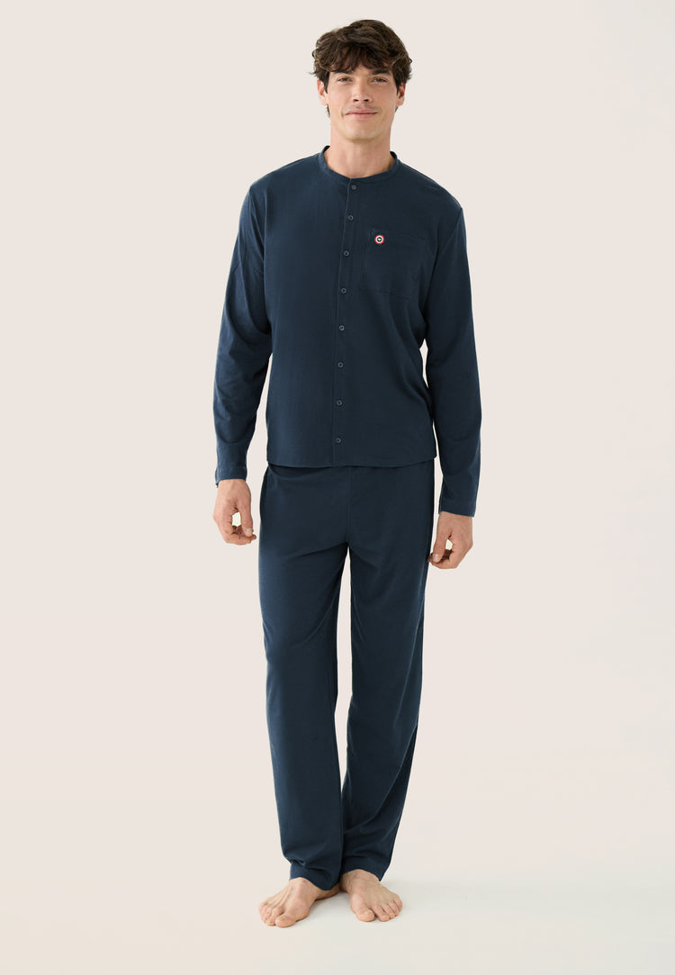 Ensemble pyjama haut et pantalon bleu marine en coton - Pyjama Hugo Haut Manches Longues Et Bas Long Uni Marine - Le Slip Français - 1