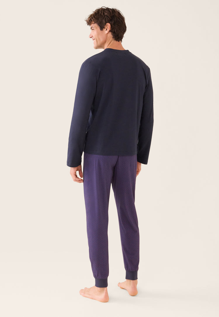 Ensemble pyjama haut bleu marine et pantalon fantaisie en coton - Pyjama Sebastien Haut Manches Longues Uni Marine Et Bas Long Fantaisie - Le Slip Français - 3