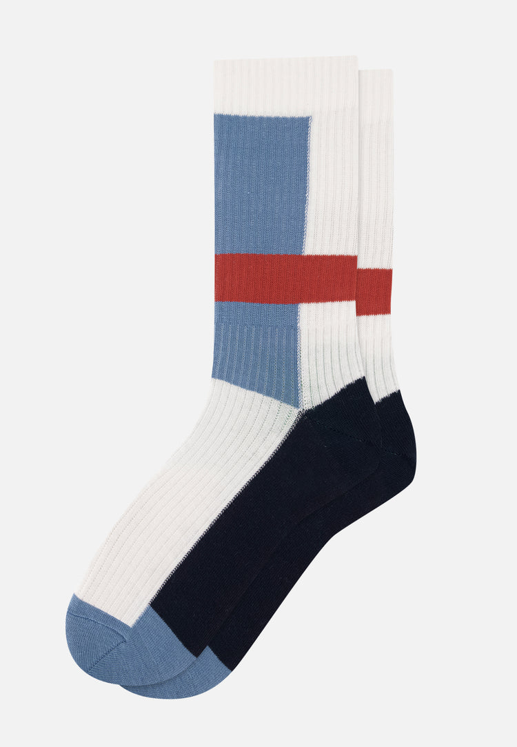 Chaussettes de sport mi-hautes rayées jaune et bleu marine - Wilfried Mondrian Bleu Jean Brique - Le Slip Français - 1