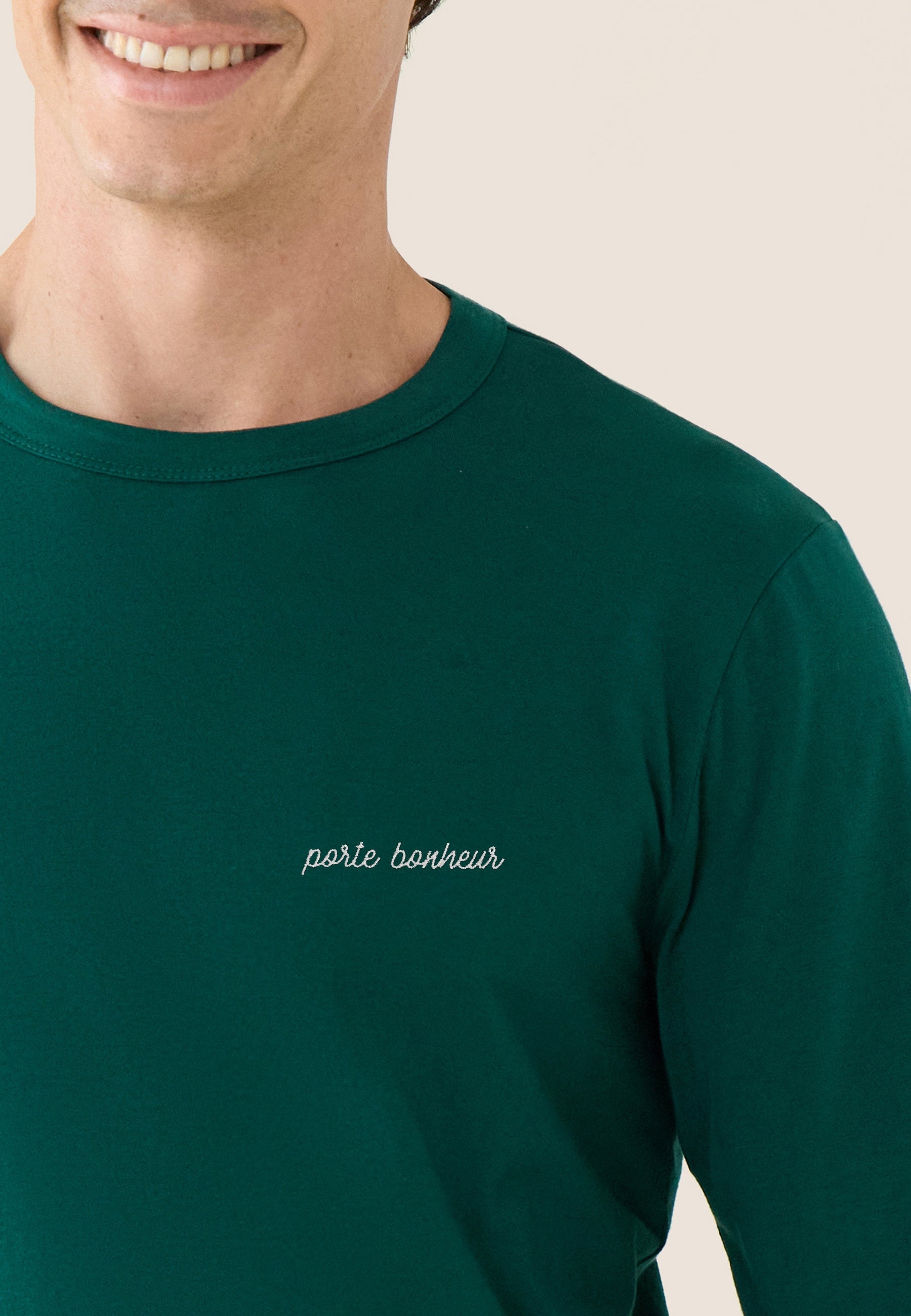 T-shirt homme vert sapin à manches longues en coton - Superbe Vert Sapin Brodé Porte Bonheur - Le Slip Français -  2