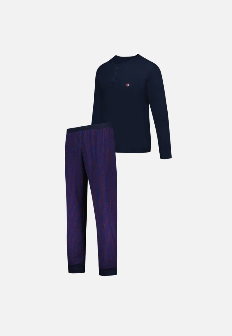 Ensemble pyjama haut bleu marine et pantalon fantaisie en coton - Pyjama Sebastien Haut Manches Longues Uni Marine Et Bas Long Fantaisie - Le Slip Français - 6