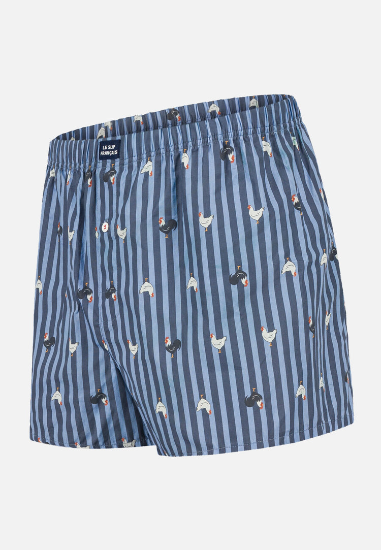 Caleçon à motif rayure coq bleu acier en coton - Jacques Rayure Coq Bleu Acier - Le Slip Français - 1