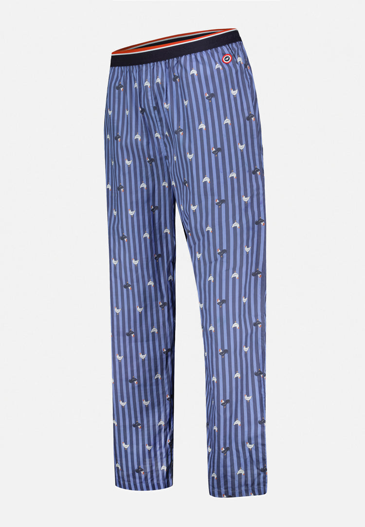 Bas de pyjama long à motif rayure coq bleu acier en coton - Bastien Rayure Coq Bleu Acier - Le Slip Français - 1