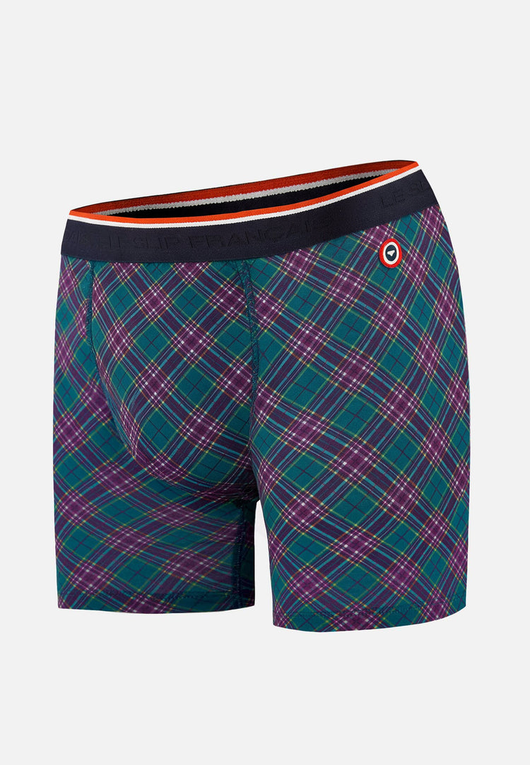 Boxer long à motif tartan bleu canard en coton - Michel Tartan Bleu Canard - Le Slip Français - 1