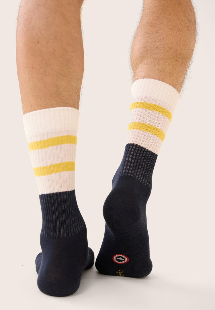 Chaussettes de sport mi-hautes rayées jaune et bleu marine - Wilfried Bloc Jaune Citron Marine - Le Slip Français - 3