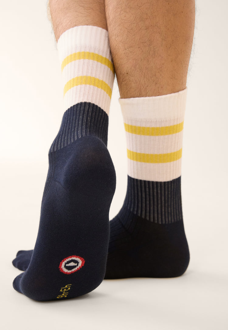 Chaussettes de sport mi-hautes rayées jaune et bleu marine - Wilfried Bloc Jaune Citron Marine - Le Slip Français - 4