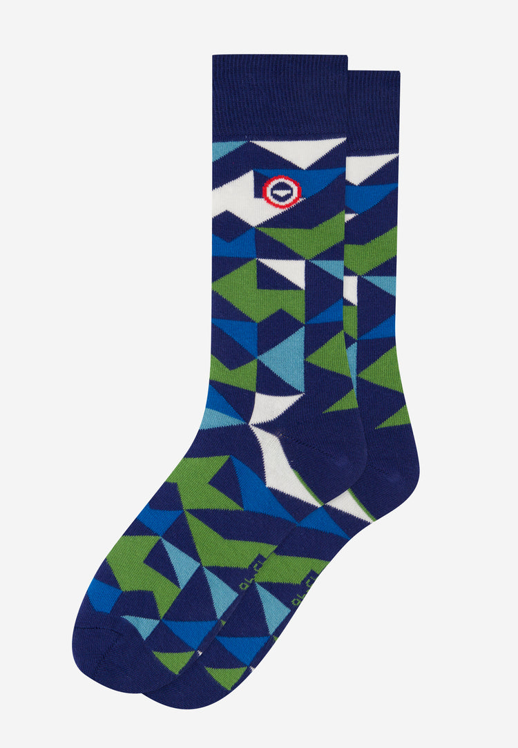 Chaussettes mi-hautes mixtes en coton - Lucas Mosaique Indigo - Le Slip Français - 1