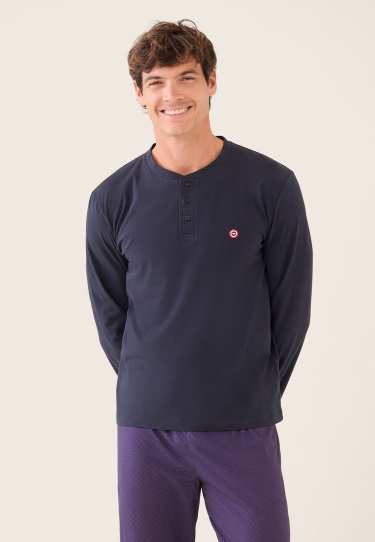 Ensemble pyjama haut bleu marine et pantalon fantaisie en coton - Pyjama Sebastien Haut Manches Longues Uni Marine Et Bas Long Fantaisie - Le Slip Français - 5