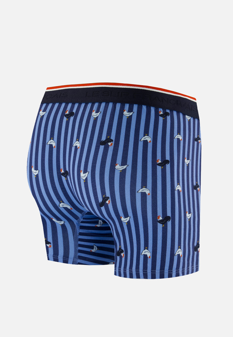 Boxer long à motif rayure coq bleu acier en coton - Michel Rayure Coq Bleu Acier - Le Slip Français - 7