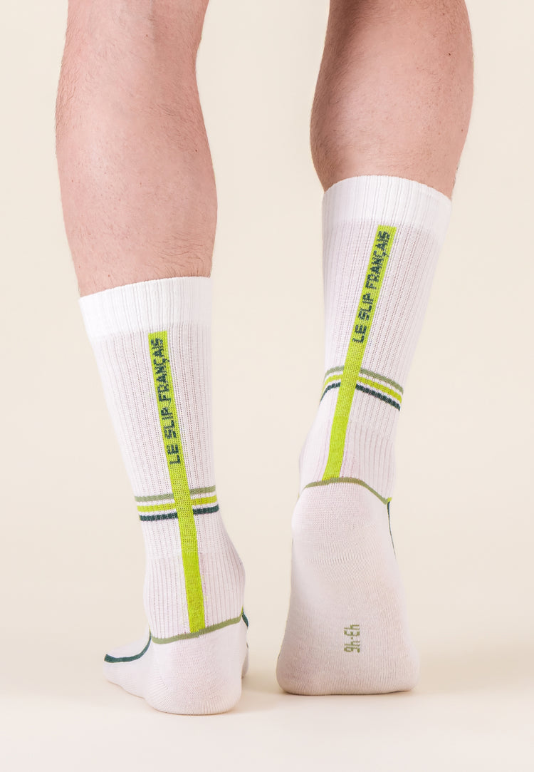 Chaussettes de sport mi-hautes à motif laser blanc jaune anis en coton - Wilfried Laser Blanc Jaune Anis - Le Slip Français - 3