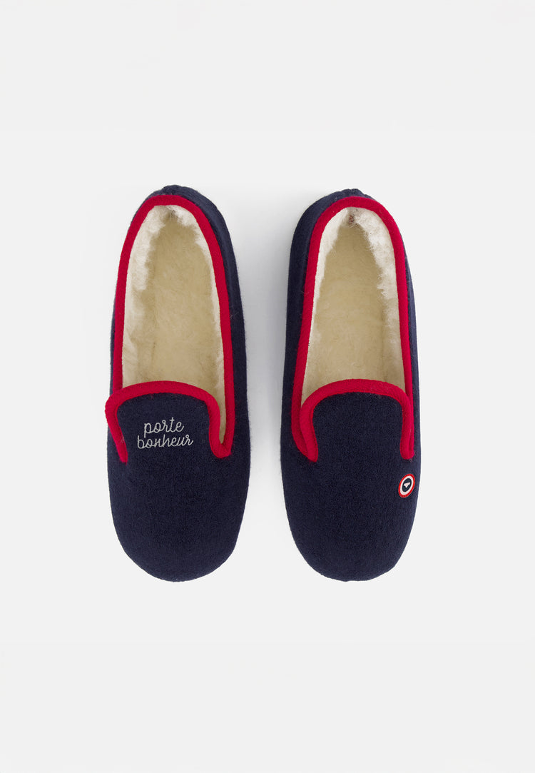 Chaussons d'intérieur bouclette bleu marine - Pantoufles Bouclette Marine Porte Bonheur - Le Slip Français - 1