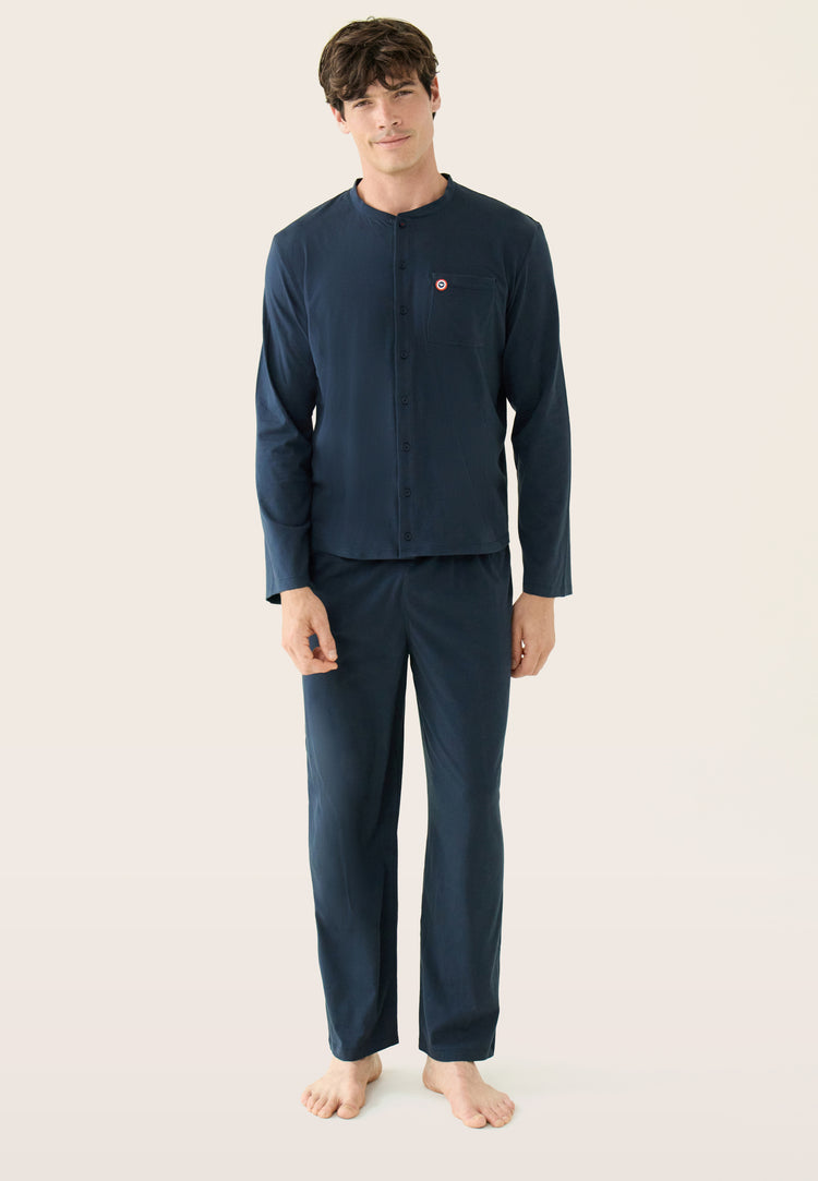 Ensemble pyjama haut et pantalon bleu marine en coton - Pyjama Hugo Haut Manches Longues Et Bas Long Uni Marine - Le Slip Français - 5
