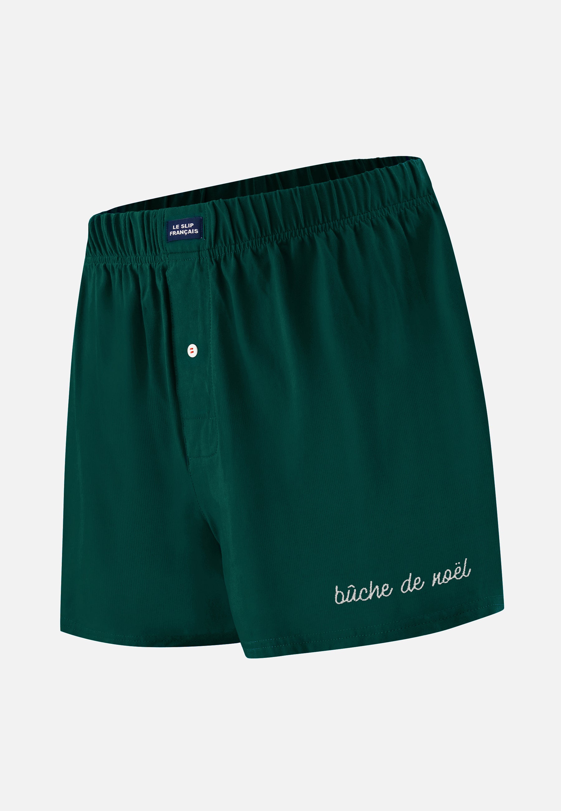 Caleçon vert sapin en jersey de coton - Fredo Vert Sapin Brodé Bûche de Noël - Le Slip Français -  1