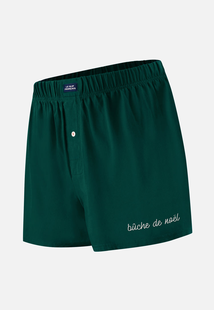 Caleçon vert sapin en jersey de coton - Fredo Vert Sapin Brodé Bûche de Noël - Le Slip Français - 1