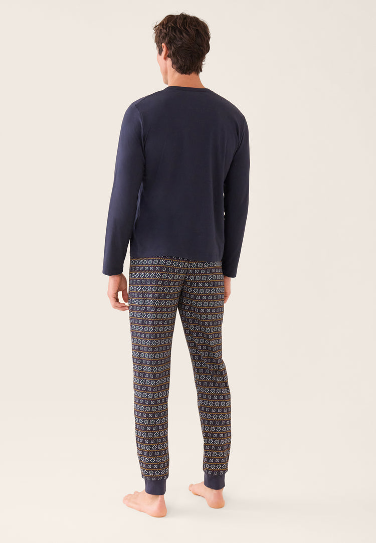 Ensemble pyjama haut bleu marine et bas fantaisie en coton - Pyjama Manuel Haut Manches Longues Uni Marine Et Bas Long Fantaisie - Le Slip Français - 3