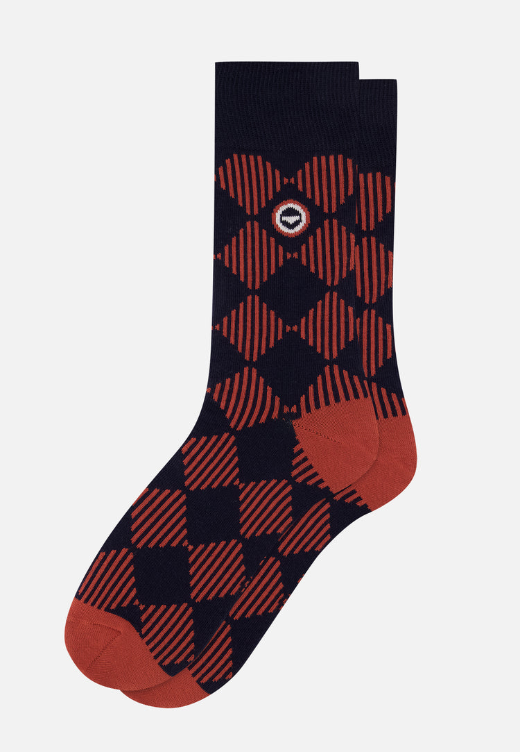 Chaussettes mi-hautes en coton - Lucas Damier Rouge Brique Marine - Le Slip Français - 1