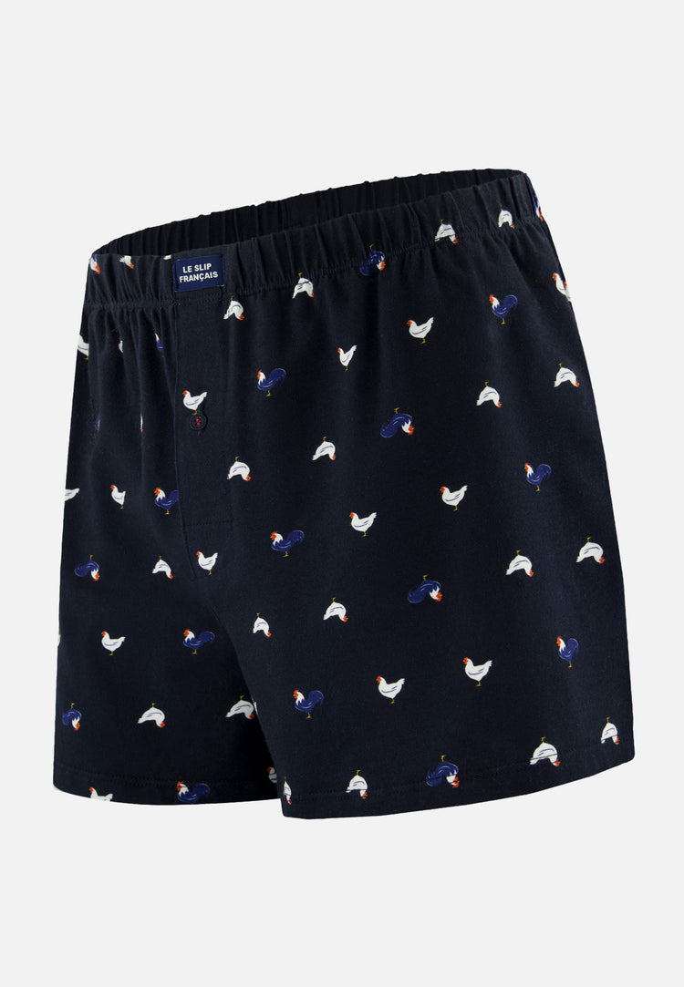 Caleçon à motif coq marine en jersey de coton - Fredo Coq Marine - Le Slip Français - 1
