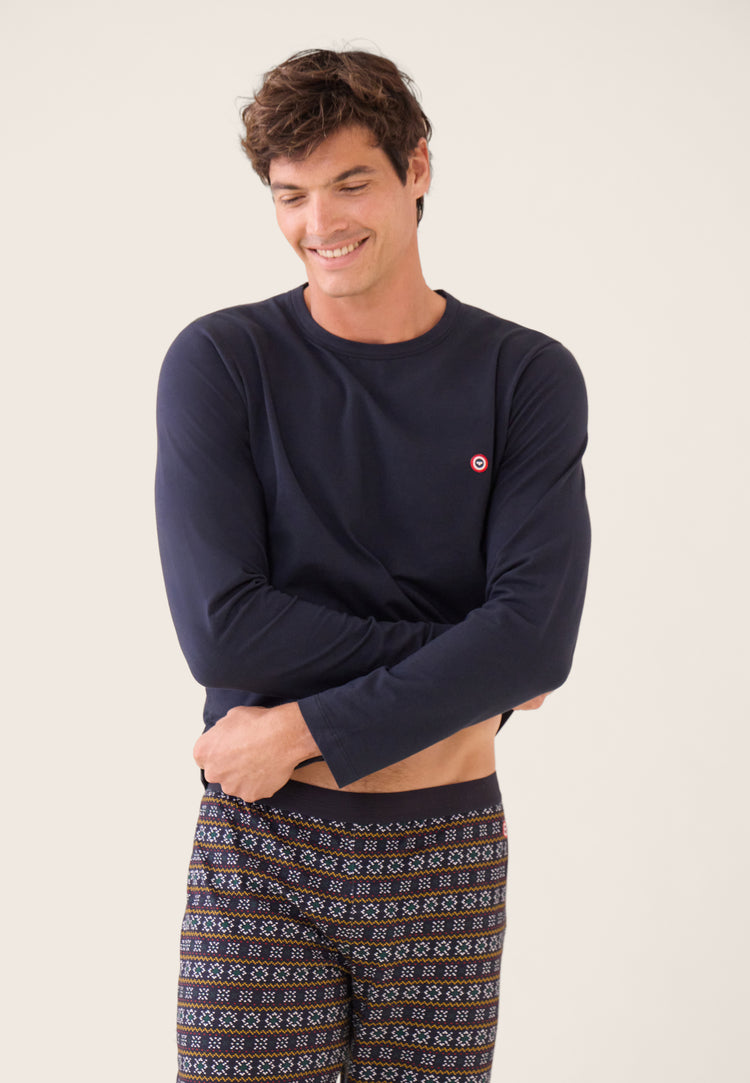 Ensemble pyjama haut bleu marine et bas fantaisie en coton - Pyjama Manuel Haut Manches Longues Uni Marine Et Bas Long Fantaisie - Le Slip Français - 2