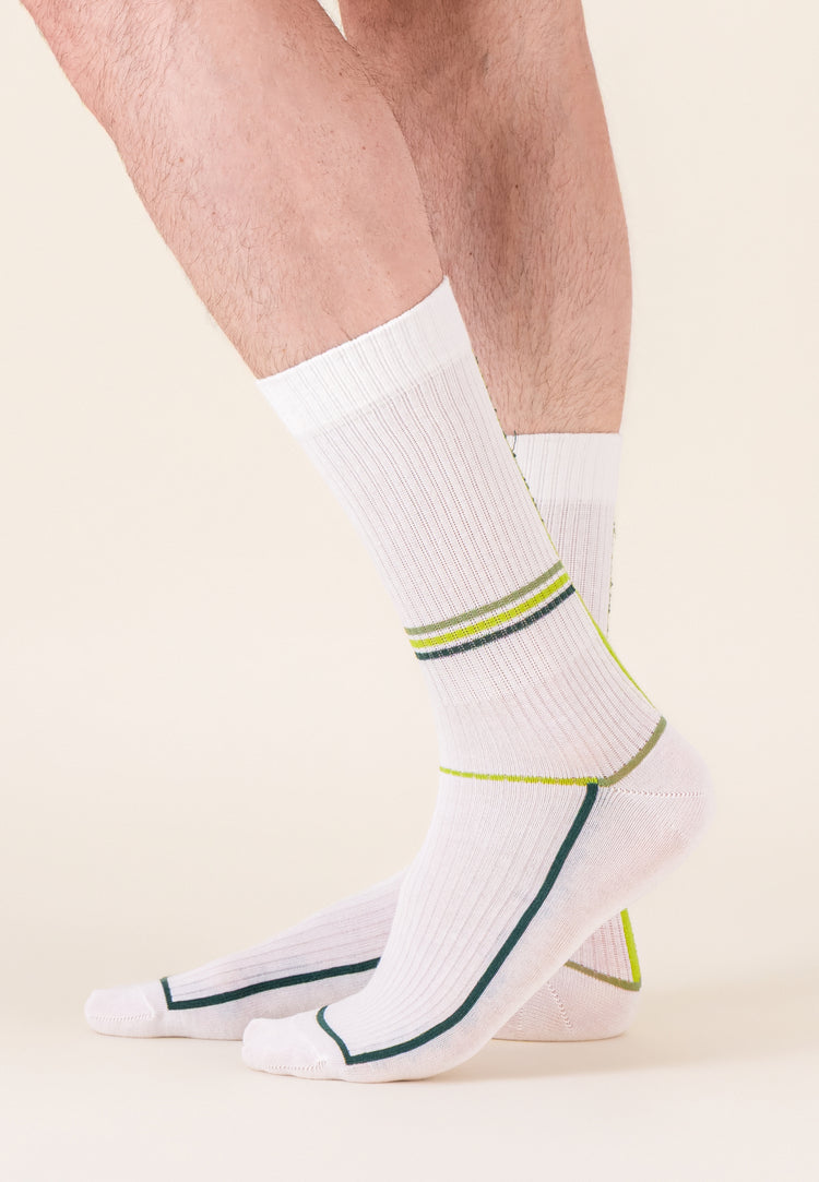 Chaussettes de sport mi-hautes à motif laser blanc jaune anis en coton - Wilfried Laser Blanc Jaune Anis - Le Slip Français - 2