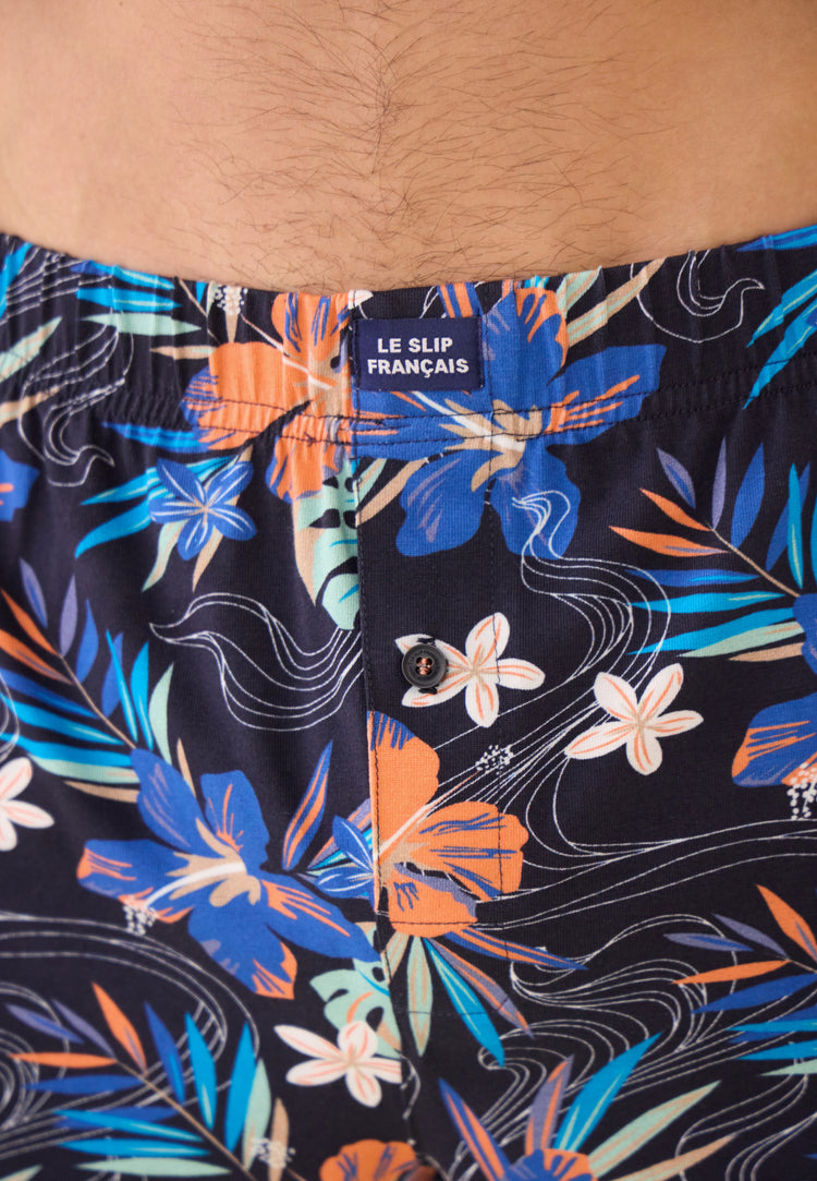 Caleçon bleu à motif florales en jersey de coton - Fredo Hawaï Bleu Nautique - Le Slip Français - 4