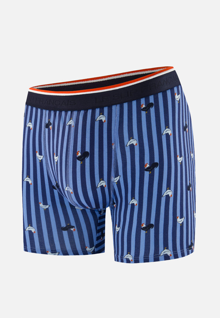 Boxer long à motif rayure coq bleu acier en coton - Michel Rayure Coq Bleu Acier - Le Slip Français - 1