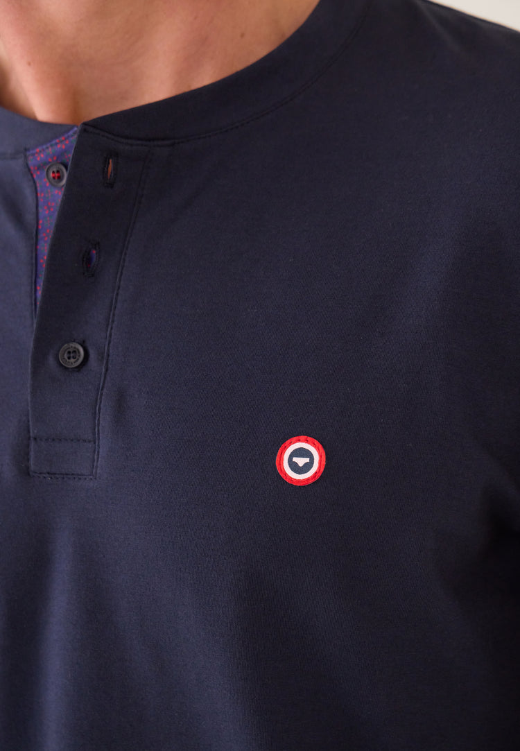 Ensemble pyjama haut bleu marine et pantalon fantaisie en coton - Pyjama Sebastien Haut Manches Longues Uni Marine Et Bas Long Fantaisie - Le Slip Français - 4