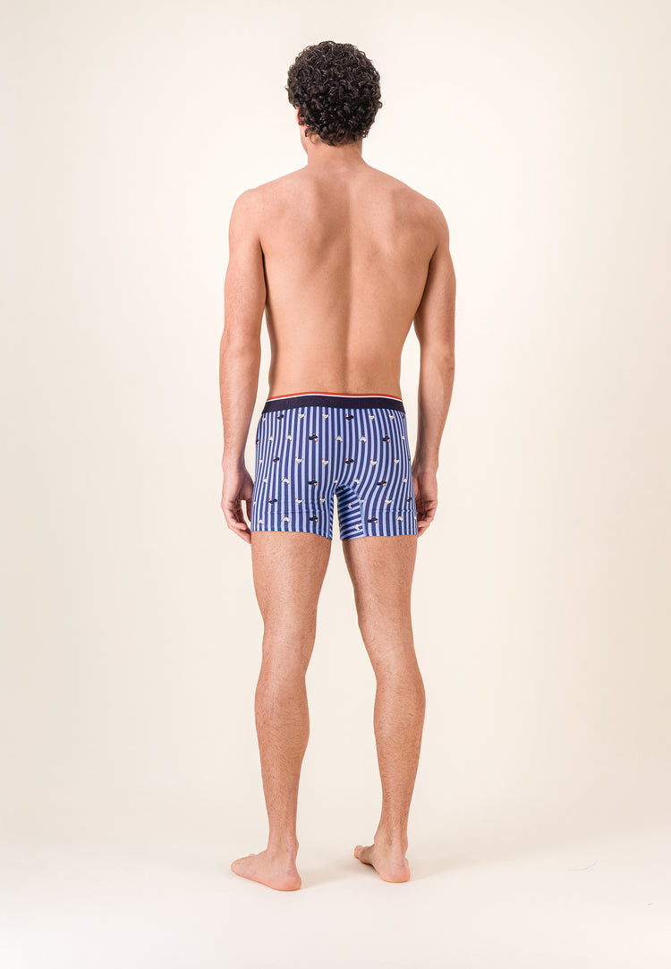 Boxer long à motif rayure coq bleu acier en coton - Michel Rayure Coq Bleu Acier - Le Slip Français - 3