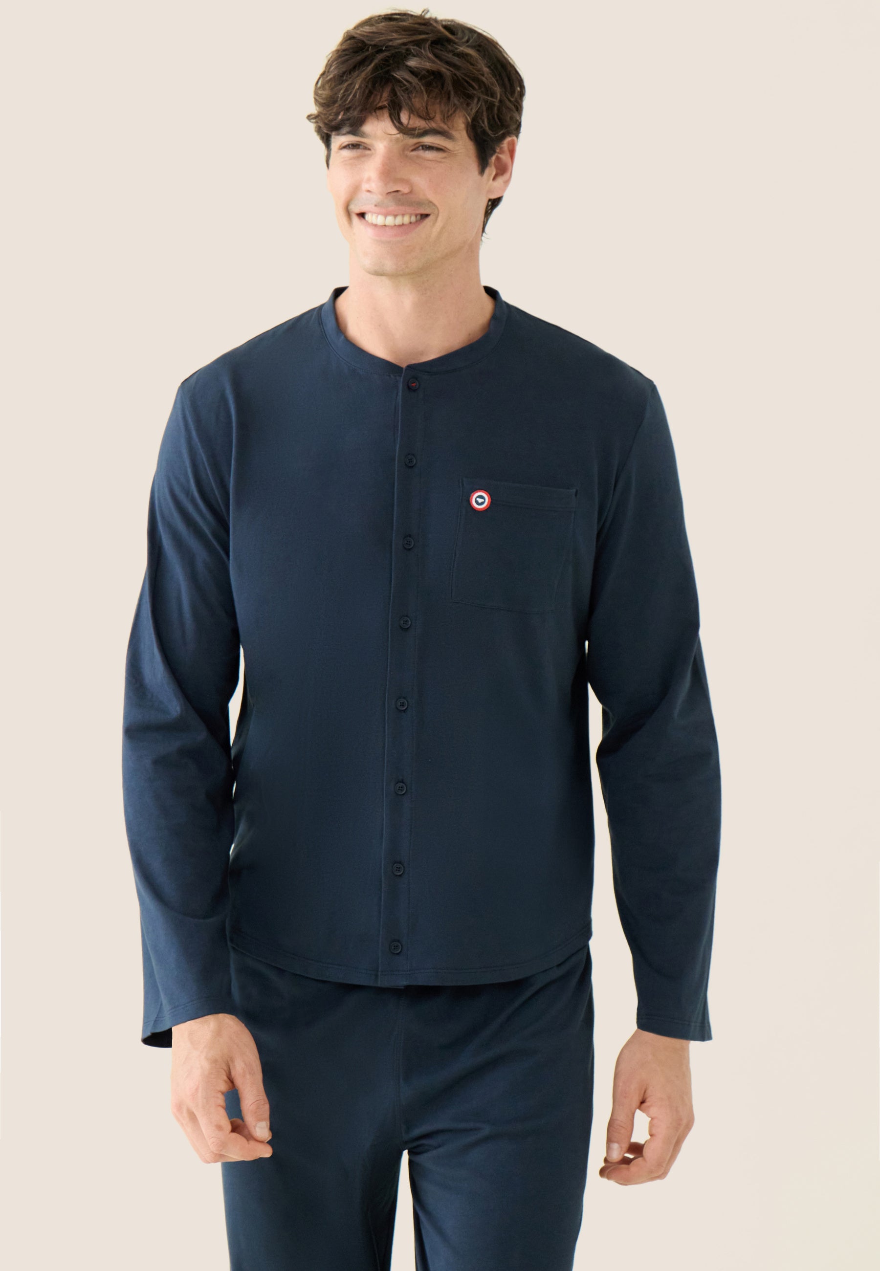 Ensemble pyjama haut et pantalon bleu marine en coton - Pyjama Hugo Haut Manches Longues Et Bas Long Uni Marine - Le Slip Français -  2