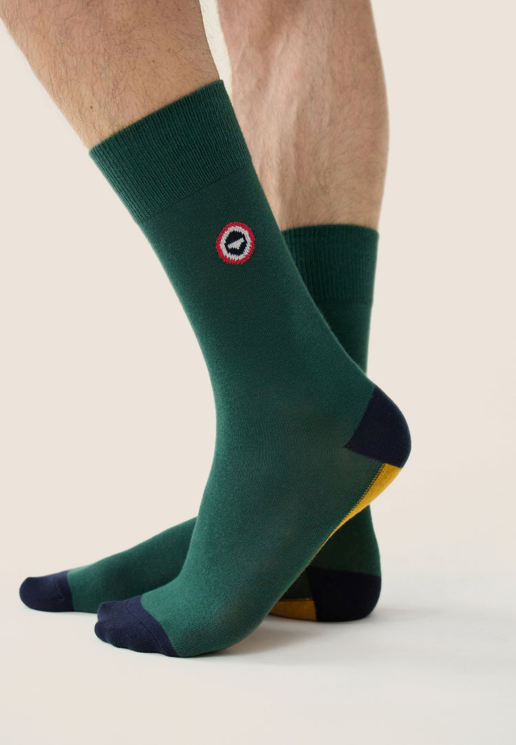 Chaussettes mi-hautes mixtes en coton - Lucas Demi Bloc Vert Sapin Moutarde - Le Slip Français - 2
