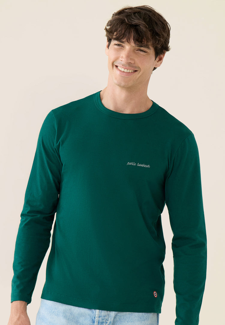 T-shirt homme vert sapin à manches longues en coton - Superbe Vert Sapin Brodé Porte Bonheur - Le Slip Français - 3