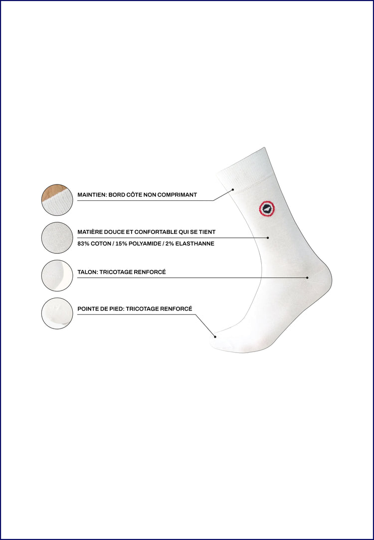 Chaussettes mi-hautes unies blanches - Robuste Blanc Brodé Porte Bonheur - Le Slip Français - 4