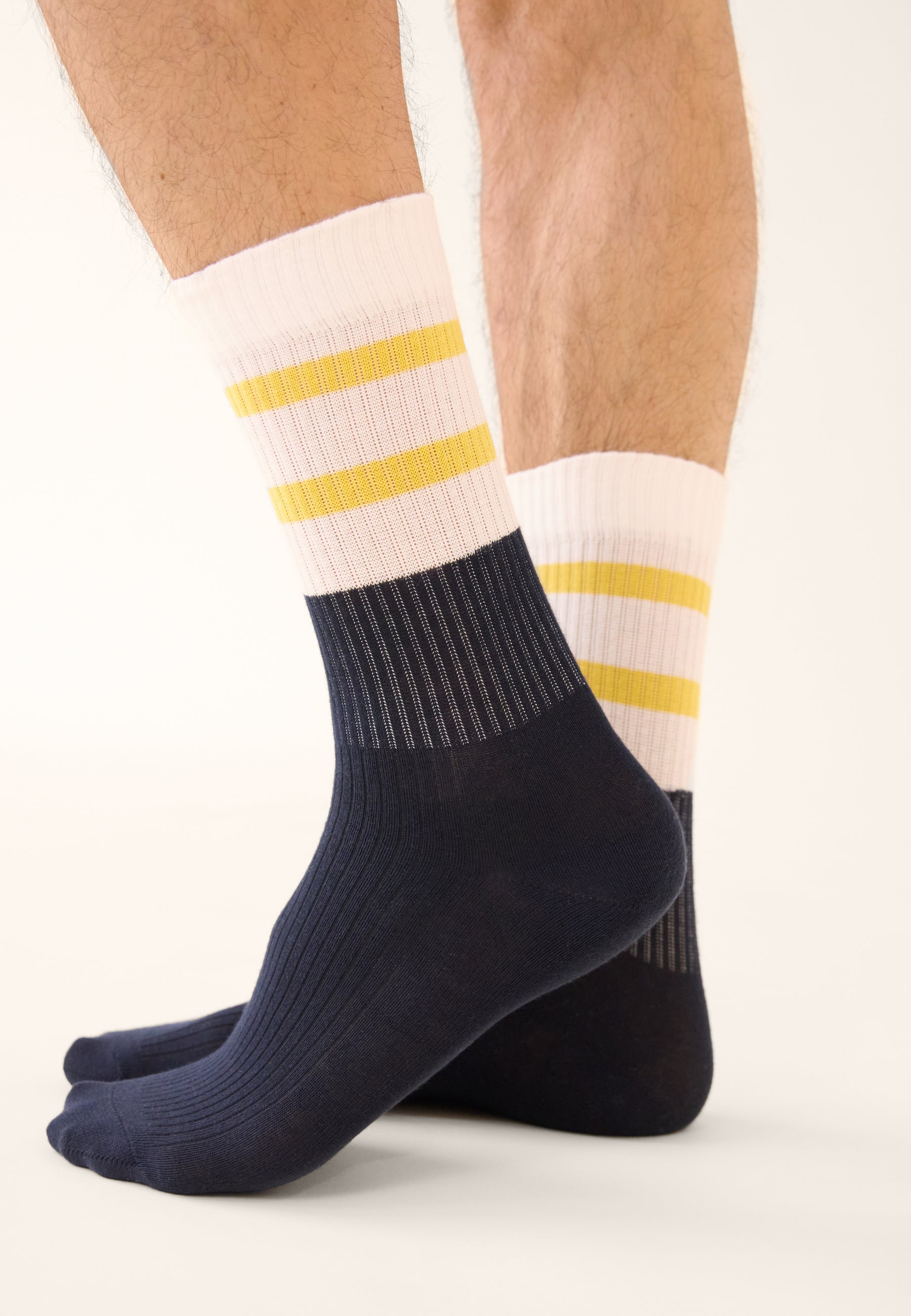 Chaussettes de sport mi-hautes rayées jaune et bleu marine - Wilfried Bloc Jaune Citron Marine - Le Slip Français -  2