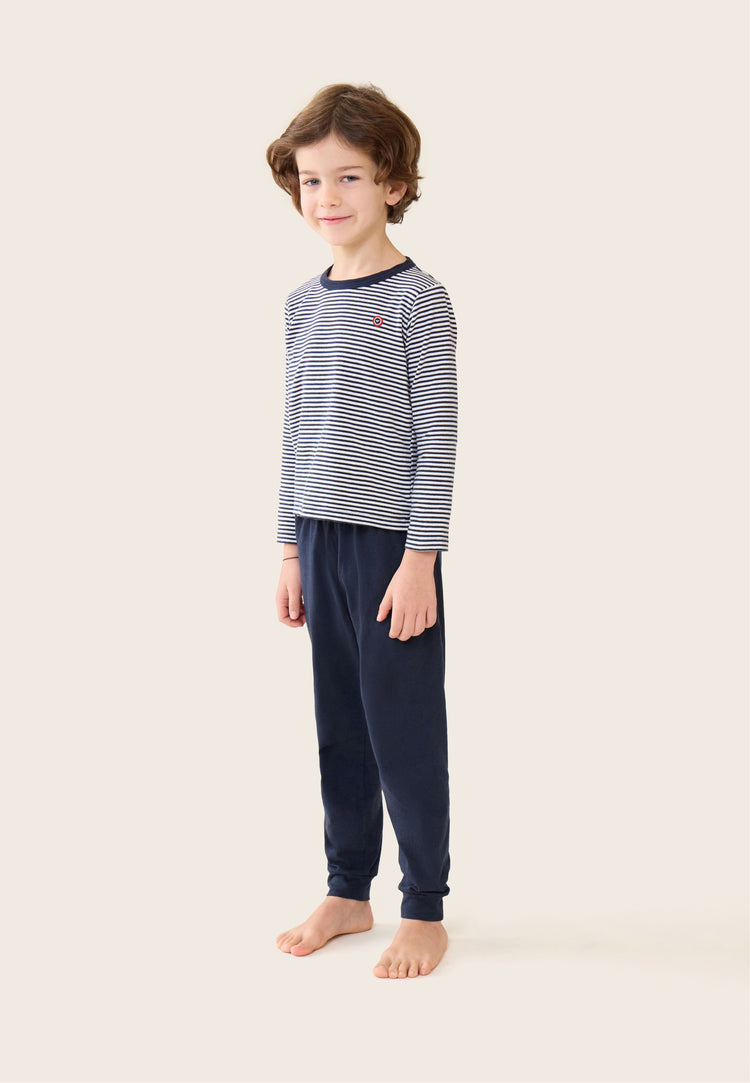 Ensemble pyjama enfant haut marinière et pantalon bleu marine en coton - Petit Jeason Mariniere Marine - Le Slip Français - 1