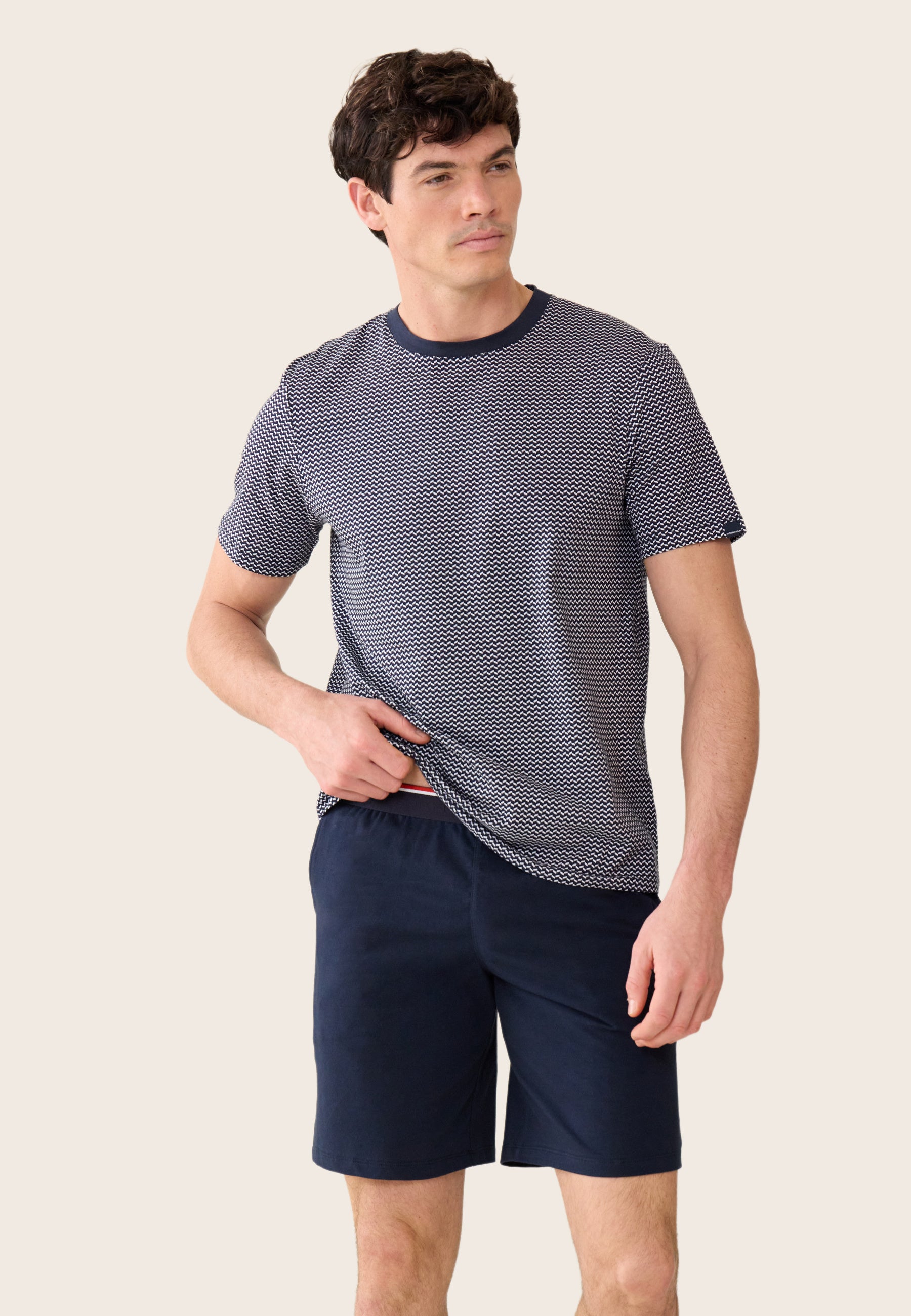 Ensemble pyjama haut marinière et short bleu marine en coton - Pack Jeason Manches Courtes Chevron Marine - Le Slip Français -  1