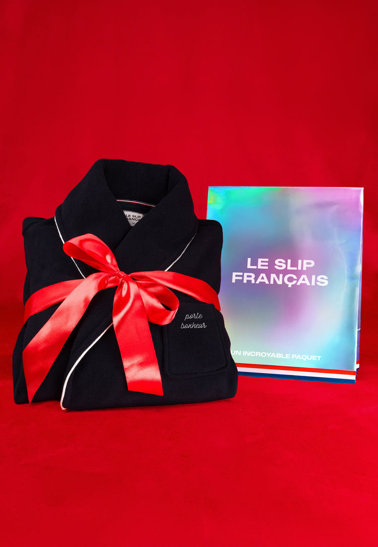 Robe de chambre chaude homme bleu marine avec col châle - Devy En Polaire Marine Brodé Porte Bonheur - Le Slip Français - 1