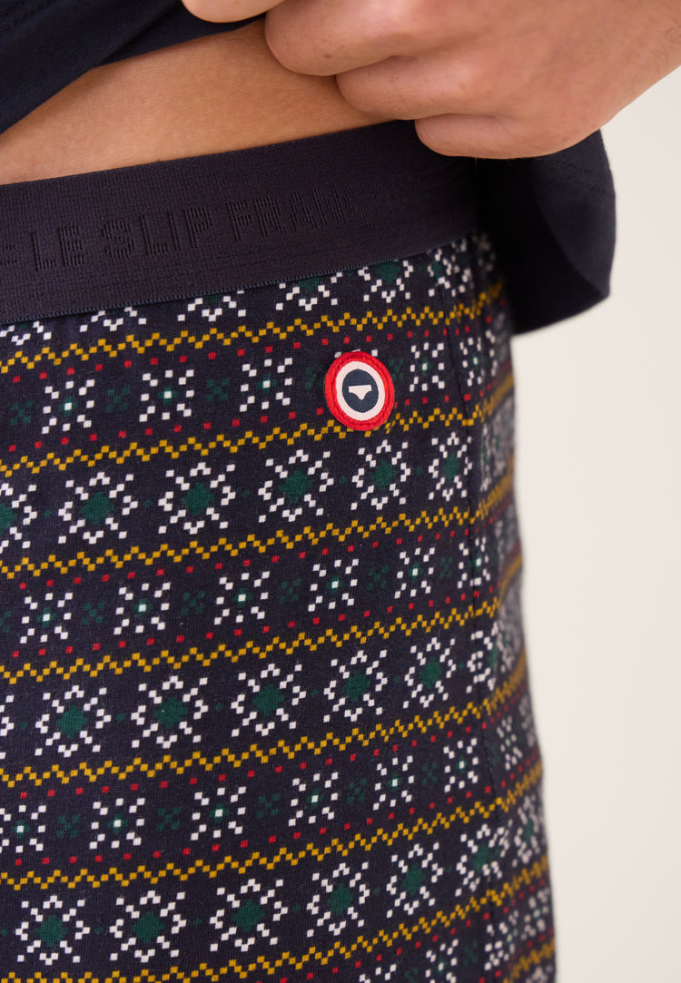 Ensemble pyjama haut bleu marine et bas fantaisie en coton - Pyjama Manuel Haut Manches Longues Uni Marine Et Bas Long Fantaisie - Le Slip Français - 4